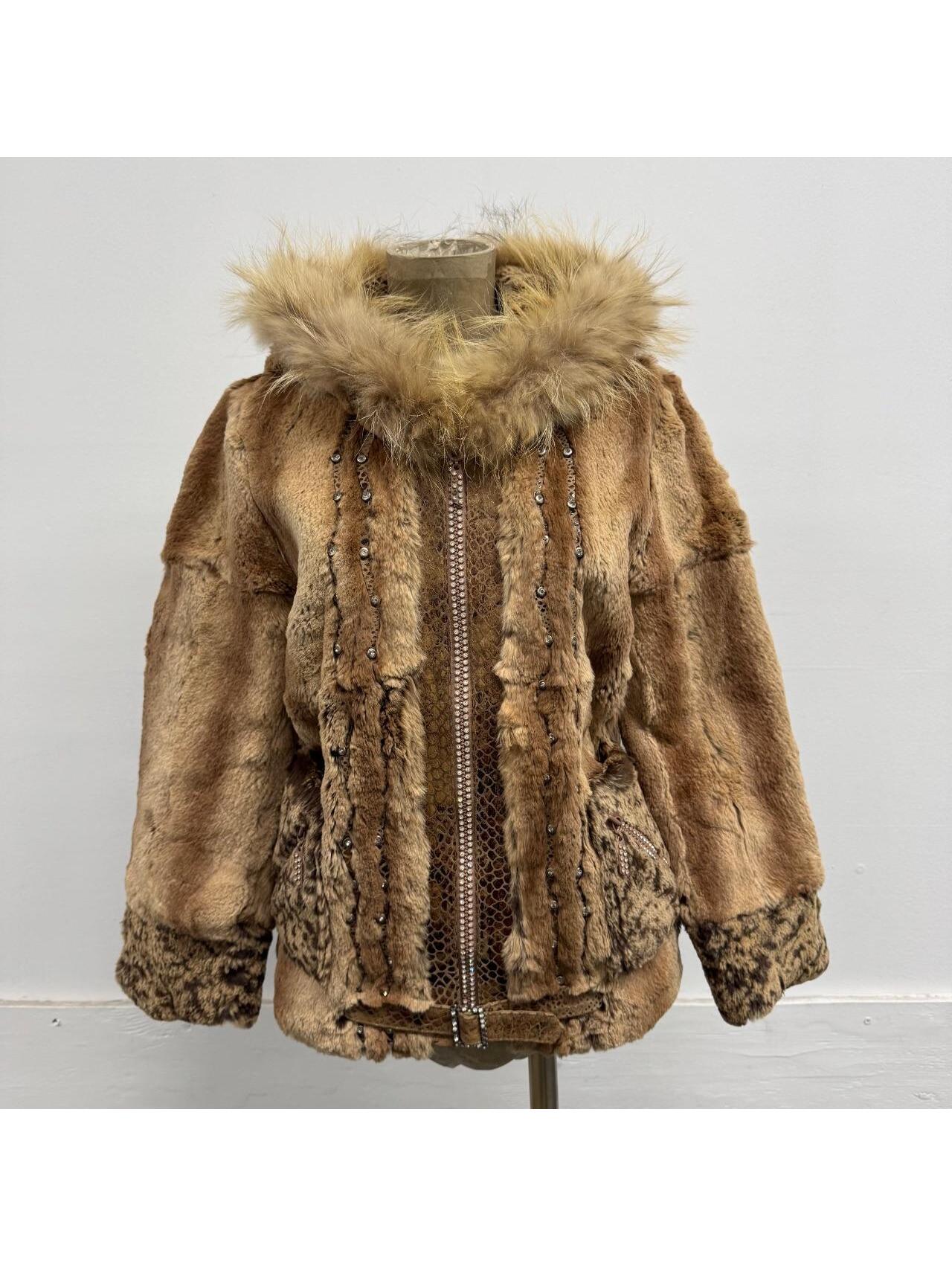 Vintage Y2k Hooded Rhinestone Rabbit & Raccoon Fur Jacket Coat